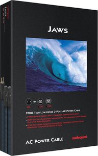 Cablu de alimentare de rețea AudioQuest JAWS C19, cutie neagră cu val albastru și prezentare a conectorilor