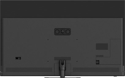 Mattmustast plastist Panasonic TV-77Z90B kõrglahutusega teler, täielik tagantvaade, keskse kolme anduriga moodul, horisontaalsed õhutusrestid ja silindriline jalakinnitus