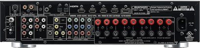 Marantz NR1601 hjemmebiograf-forstærker, frontpanel, mange lyd/video-stik, knapper og drejeknapper til justering