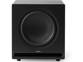 Elipson Premium Sub 12 zwart mat subwooferkast met MDF-uitstraling, vooraanzicht, grote luidspreker en frontale bassreflexpoort