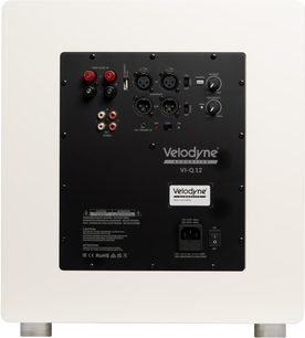 Velodyne VI-Q 12 subwoofer wit, achteraanzicht met zwart aansluitpaneel en metalen voeten