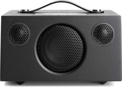 Trådløs højttaler Audio Pro Addon C3 i sort, rektangulær form, med cirkulær gitterbeklædning, håndtag og LED-display