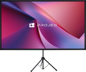 Schermo di proiezione su piedistallo Projeo Cross HD 80, grande formato con cornice nera e treppiede centrale nero