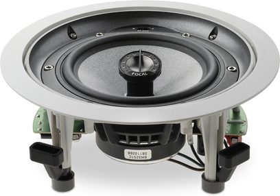 Indbygget Focal Electra IC 1002 højttaler i metalgrå, set forfra, rund gitter, central diskant, 2 sidehøjtalere