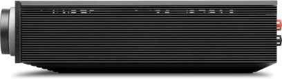 Cambridge Audio Evo 300 amplificatore integrato stereo nero alettato, vista laterale con grande manopola e morsetti rosso neri