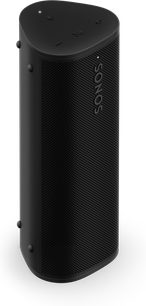 Sistem audio Bluetooth Sonos Roam 2 negru, prezentat frontal, cu formă triunghiulară rotunjită, grilaj perforat și butoane pe partea superioară
