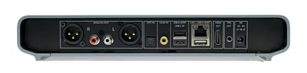 panneau arrière d'un lecteur réseau audio avec sorties XLR RCA HDMI et plusieurs ports USB et Ethernet