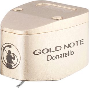 Gold Note Donatello Plattenspieler-Tonabnehmer, goldenes Gehäuse in 3/4-Ansicht, graviertes Logo