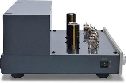 PrimaLuna EVO 300 sort præforstærker, frontvisning, med to rør og frontbetjeningselementer på metalchassis