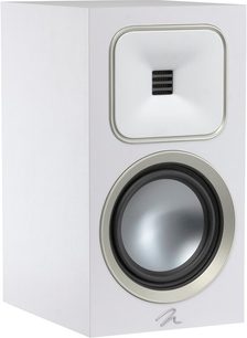 Boekenplank luidspreker MartinLogan Foundation B1 mat wit vooraanzicht, zwarte luidspreker, dome tweeter, metalen rooster