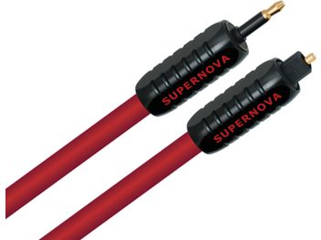 Two 1-meter Wireworld Supernova 7 Toslink optical cables, red and black, with gold-plated connectors, shown in a front view