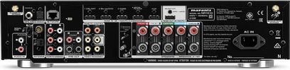 Marantz NR1510 hõbedane-kuldne kodukino-võimendi, tagantvaade, audio/video-ühendused, pordid ja seadistusnupud