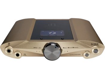 Portable audio converter iFi Audio iDSD Valkyrie gold with central display, silver rotary knob, and multiple front ports