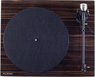 Giradischi Auris Audio Classica visto dall'alto, piatto nero e base con finitura in legno scuro