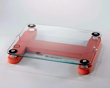 Transparent rectangular glass shelf with 4 cylindrical red feet at the corners, on a white background