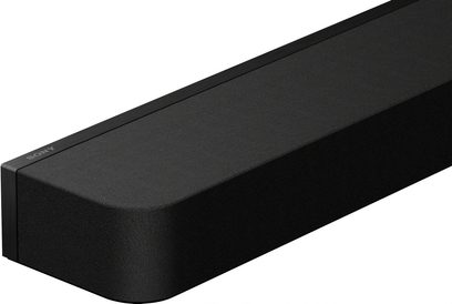 Sony Bravia Theatre Bar 9 soundbar, set fra en vinkel, sort finish, afrundede hjørner, tekstureret overflade, synligt Sony-logo