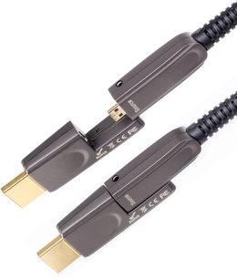 Două conectoare HDMI gri închis de sex masculin, conectate printr-un cablu negru, văzute de sus, cu logo-urile "Inakustik" și "HDMI"