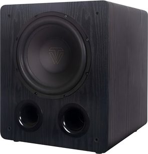 Tonewinner SW-D1000 sort subwoofer, kabinet i åretegnet træ, frontvendt højttaler og to runde basreflekshuller på fronten