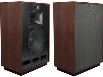 Klipsch Cornwall IV floorstanding speaker in auburn reddish brown with and without black front grille with horn and large woofer