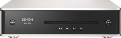 Denon DCD-100 CD-afspiller, frontvisning, sort og sølvfarvet front, kontrolknapper, CD-bakke, digitalt display