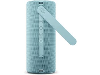 Prenosni bluetooth zvočnik Loewe We. HEAR 2 modre barve, cilindrične oblike z vidnim paščkom in stranskimi upravljalnimi gumbi
