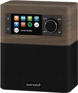Radio Sonoro Stream noyer - чорний, вид спереду, LCD-екран, сенсорні кнопки, обробка з темного дерева та матовий чорний колір