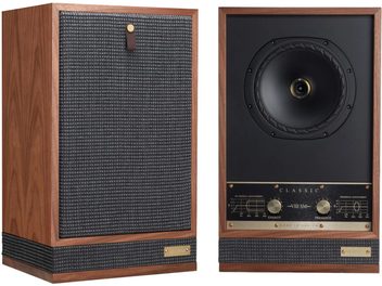 Due diffusori Fyne Audio Classic VIII SM in noce, vista frontale, griglia in tessuto grigio, altoparlante coassiale, due manopole