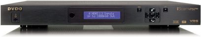 Sort DVDO VP50 Pro videodekoderboks, frontpanel med blå LCD-skærm, knapper og stik