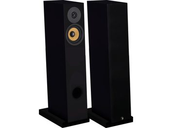 Gulvhøyttaler Davis Acoustics Courbet nr. 4 matt svart, sett forfra og i trekvart vinkel, 2 sirkulære høyttalerelementer, bassrefleksport
