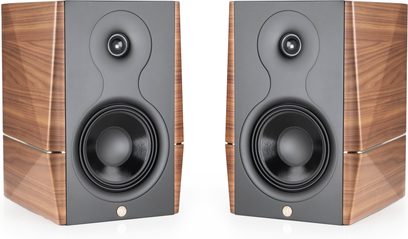 Coppia di diffusori da scaffale Gold Note A3 EVO II neri, frontale opaco e cabinet in legno di noce, vista frontale