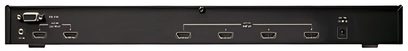 Frontvisning af en HDMI 4 x 2 switch og splitter fra Lindy 38042 i sort med 6 HDMI-porte, 2 knapper og 4 LED'er