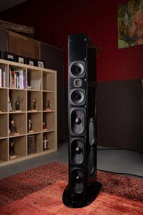 GoldenEar Triton Reference sort gulvhøjttaler, set forfra, i et rum, ved siden af et træbogskab