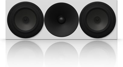 Centrální reproduktor Amphion Argon 5C černobílý, 3 černé kruhové reproduktory na bílém pozadí, pohled zepředu