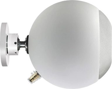 Compact hi-fi speaker Cabasse Riga 2 wall-mounted matte white side view with spherical shape, wall mount, and transparent connector