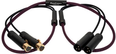 Cavo phono Thorens PhonoConnect PHC 150 XLR-XLR 1,5 m, guaina intrecciata nera e viola in fibra tessile, connettori cilindrici metallici neri con contatti placcati oro, vista dall’alto