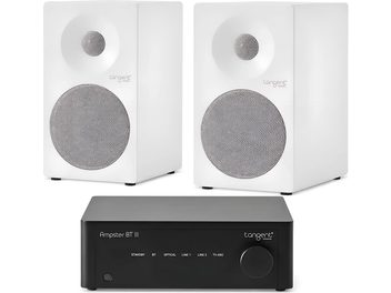 Sistema hi-fi Tangent Ampster BT III com par de colunas brancas compactas vista frontal em três quartos