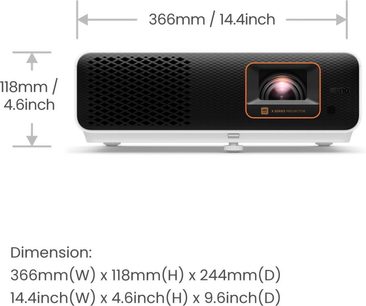 Videoproiector Benq X500i negru, vedere frontală, format compact 366 x 118 x 244 mm, obiectiv central cu inel portocaliu