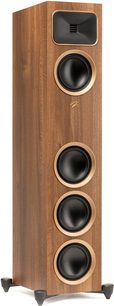 Sloupcový reproduktor MartinLogan Foundation F2 v ořechovém provedení, 4 kulaté černé reproduktory, vertikální dřevěná skříň, trojúhelníkové nohy