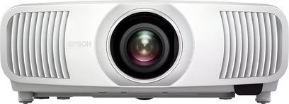 Epson EH-LS9000W white video projector, plastic casing, front view, central lens, and side ventilation grilles