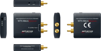 Advance Paris WTX-Microstreamer netværksaudioafspiller, set forfra og bagfra, sort kabinet, forgyldte RCA- og mini-jackstik