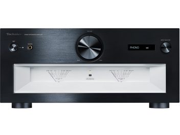Integrerad stereohögtalare från Technics, modell SU-R1000E-K i svart, frontvy, borstad aluminiumfasad, knappar och rattar, VU-mätardisplay