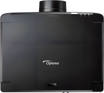 Videoproiettore Optoma UHZ78LV nero, vista dall'alto, grande obiettivo centrale e pulsanti di regolazione visibili