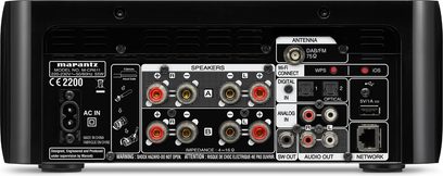 Marantz M-CR611 højfedelt musikanlæg i mintgrøn, bagsidefoto der viser lyd- og netværkstilslutninger