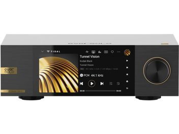 Δικτυακός αναπαραγωγέας ήχου EverSolo DMP-A6 Master Edition Gen 2 μαύρος με κεντρική οθόνη που εμφανίζει μουσικές πληροφορίες και περιστροφικό κουμπί στα δεξιά