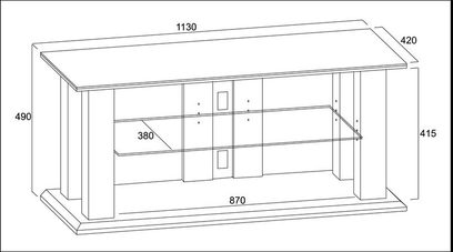 Gisan HQ-28NE TV-møbel set forfra med dimensioner, 2 døre, 4 hylder, i lyst træ, moderne stil