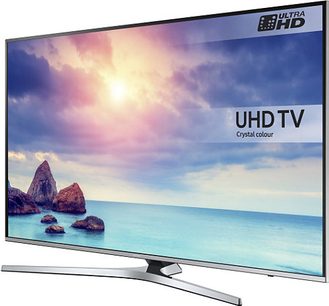 55" Samsung UE55KU6470UXZF Ultra HD 4K TV, frontvisning, viser et billede af klipper i havet ved solnedgang