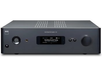 Стерео hi-fi усилвател NAD C399 в черно, изглед отпред, цифров дисплей, бутони и входове на предния панел