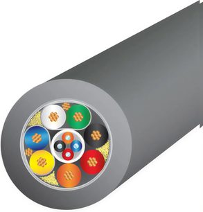 Сив кръгъл кабел, напречно сечение, разкриващо 9 цветни жици с различни диаметри в бяла изолационна обвивка
