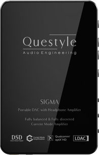 DAC portabil Questyle SIGMA noir, dreptunghiular, cu panou frontal din sticlă lucioasă, logo argintiu și pictograme audio în partea de jos