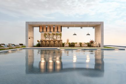 Moderne buitenbar aan de rand van een zwembad, betonnen structuur, houten toonbank, barkrukken en loungestoelen